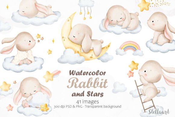Download Watercolor Rabbits and Stars - Rabbit Collection