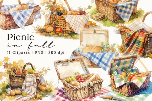 Download Picnic Basket in Fall Watercolor Clipart - Fall Collection